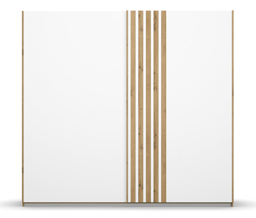 Weißer rauch Schwebetürenschrank »Mosbach« mit Holzlamellen in der Mitte.