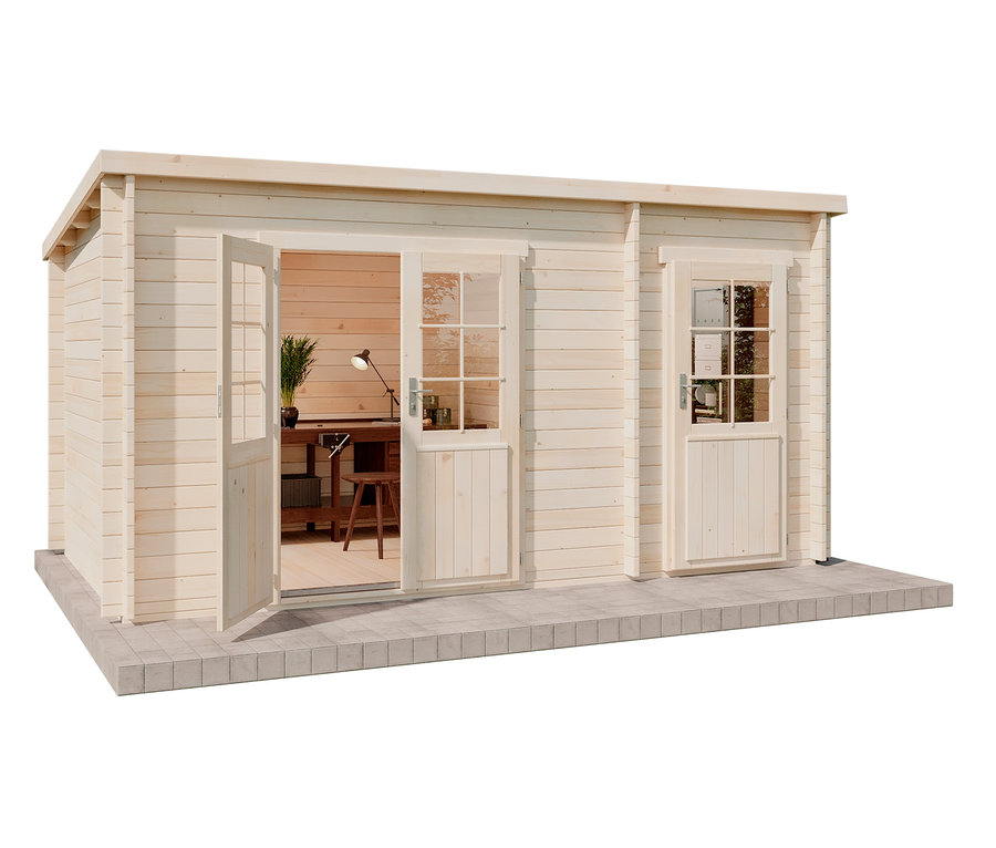 Ein Gartenhaus mit 2 Räumen, davon eine Tür geöffnet.
