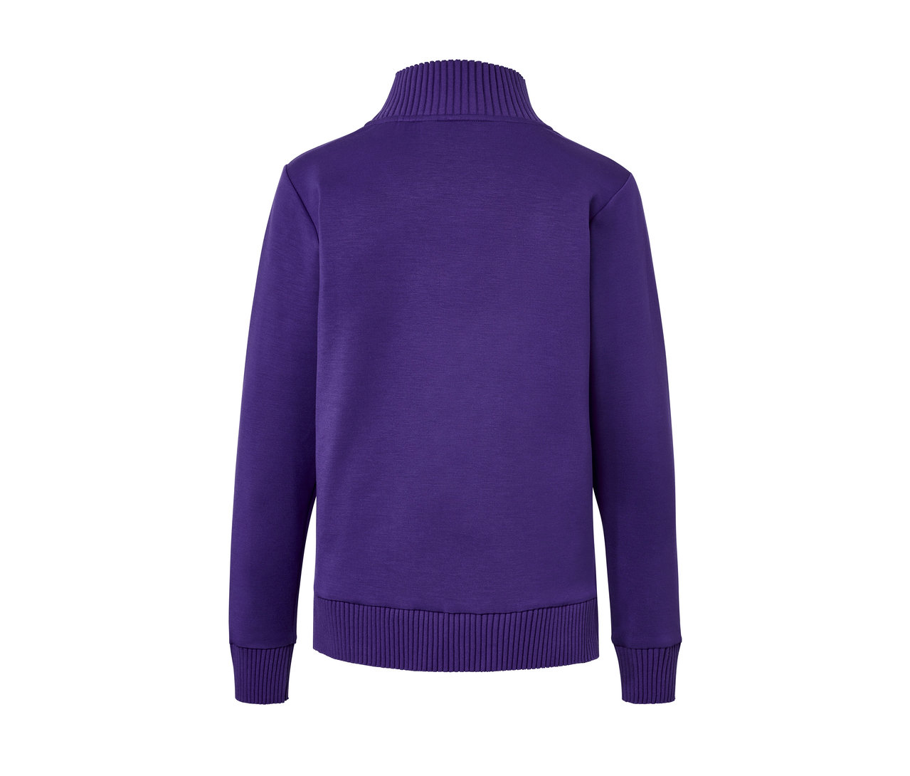 Lila Sweatshirt mit Stehkragen.