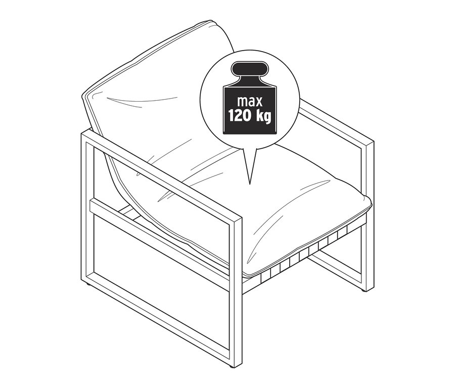 Zeichnung von Relax-Sessel mit maximaler Belastung von 120 kg.