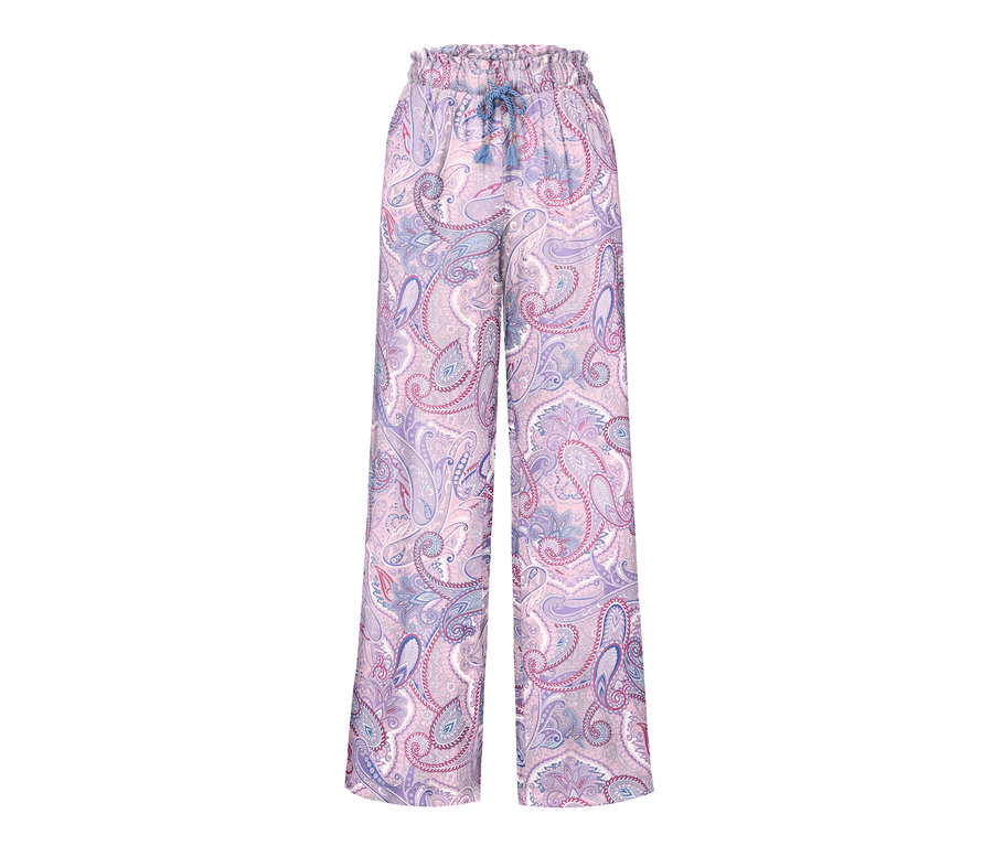 Web-Relaxhose mit lila Paisley-Muster.