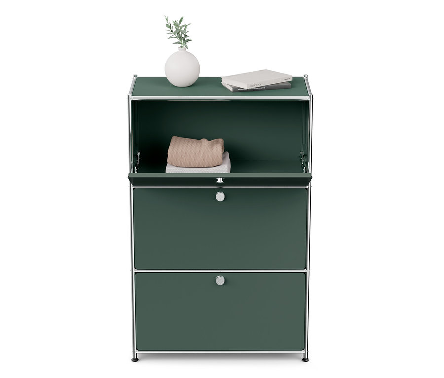 Kommode Metall »CN3« mit 3 Klappenfächern, oben Vase und Buch.