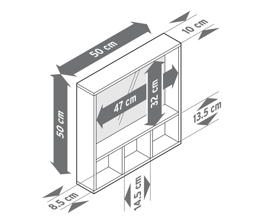 Abmessungen des Spiegels mit Ablageflächen.