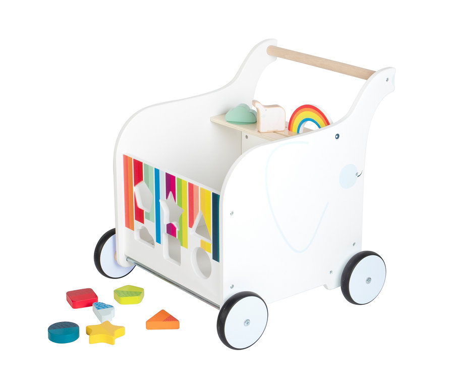 Ein weißer Lauflernwagenbox Elefant von small foot mit bunten Formen zum Einsortieren.