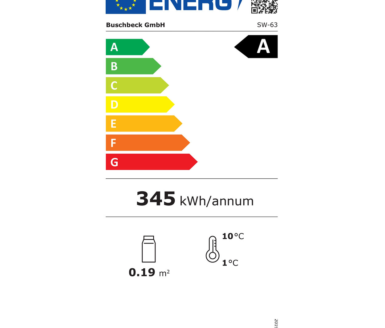 Energielabel mit A-Klasse, 345 kWh Jahresverbrauch.