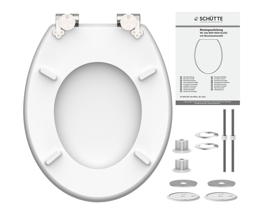 Weißer MDF WC-Sitz High Gloss Geo und Montagezubehör.