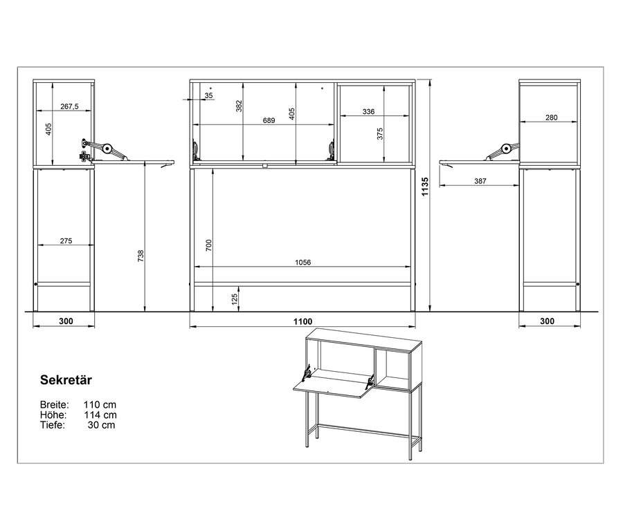 Technische Zeichnung eines Sekretärs in Kaschmirfarbe mit Maßangaben.