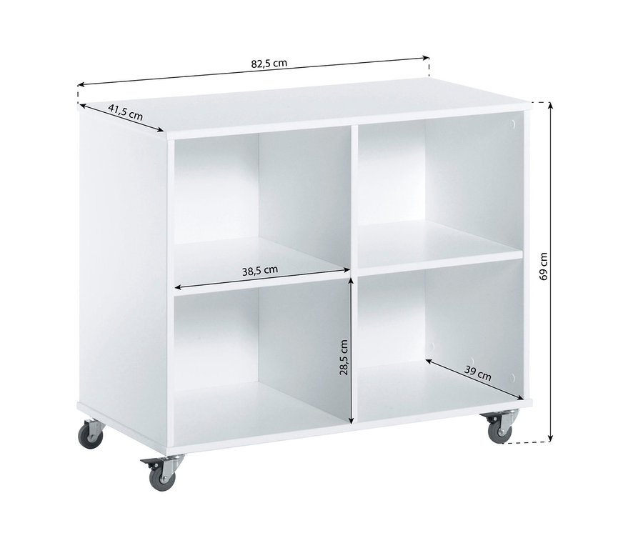 Weißes Bücherregal mit Rädern, ca. 90 cm von Hoppekids mit vier Fächern.