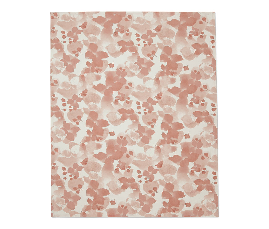 Detailansicht einer Tischdecke, ca. 140 x 180 cm, mit floralem Muster in Rosa- und Weißtönen.