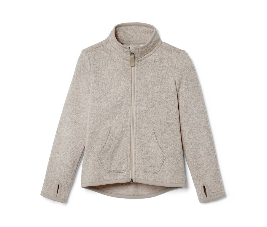 Beige Kleinkind-Strickfleecejacke mit Reißverschluss und Taschen.