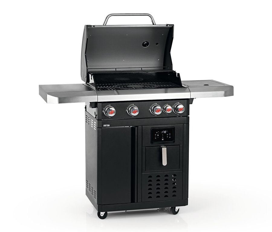 Schwarzer Landmann Gasgrill »Fryton 4.1 cook« mit offenem Deckel.
