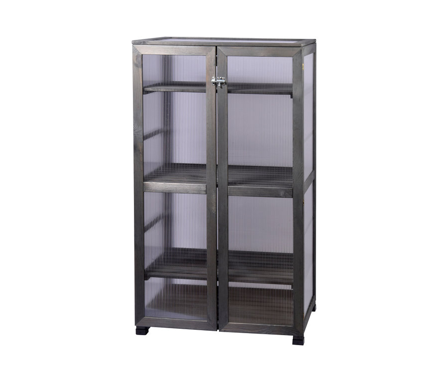 Anthrazitfarbener Anzuchtschrank „Dome“ mit vier Regalböden.