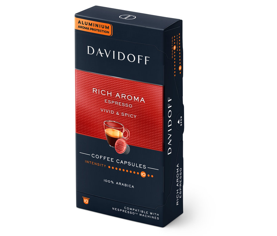 Packung mit 10 Kapseln DAVIDOFF CAFÉ Rich Aroma.