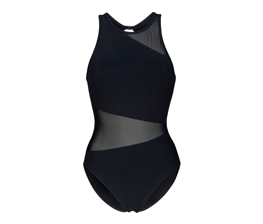 Schwarzer arena Feel Damen Badeanzug Mesh Angle Vent Back.