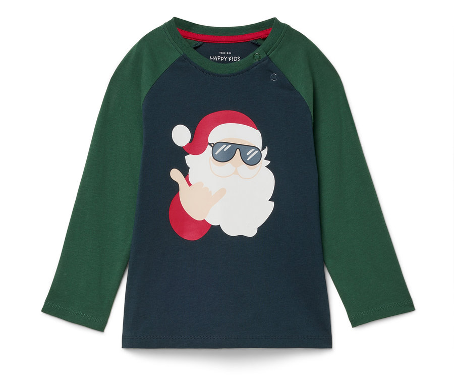 Grün-blaues Langarmshirt mit einem coolen Weihnachtsmann mit Sonnenbrille.