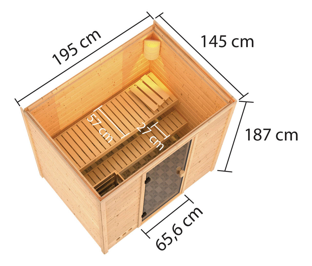Draufsicht auf eine Holzsauna mit Bänken und Glastür. Die Abmessungen der Sauna sind 195 cm x 145 cm x 187 cm.
