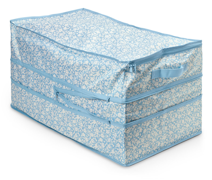 Jumbo-Aufbewahrungstasche mit blau-weißem Blumenmuster und Reißverschluss.
