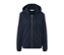 Dunkelblaue Sweatjacke mit Reißverschluss und Kapuze.