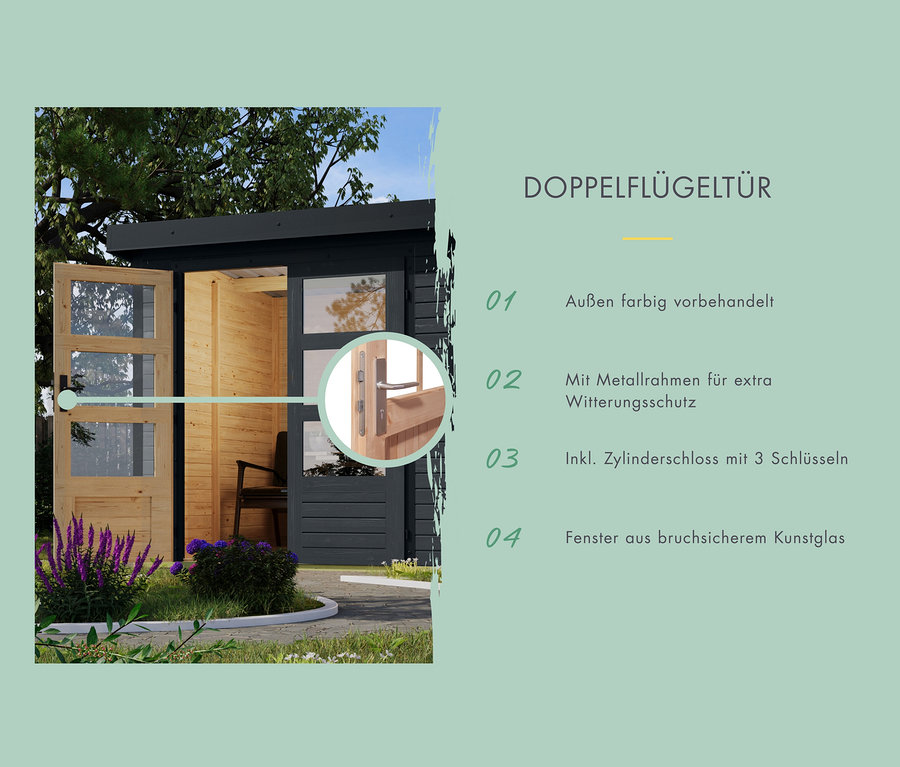 Geöffnete Doppeltür zum Karibu Gerätehaus mit Anbaudach, anthrazitfarben, 19mm (Venus A).