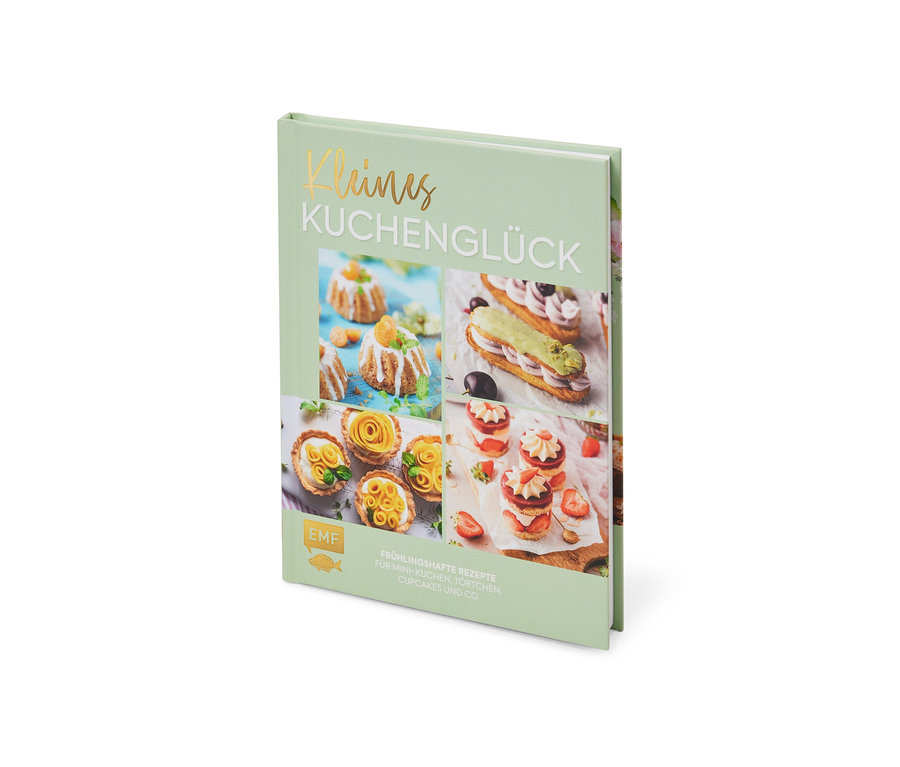 Nahaufnahme des Buches "Kleines Kuchenglück" mit Bildern von Mini-Kuchen, Törtchen und Cupcakes.