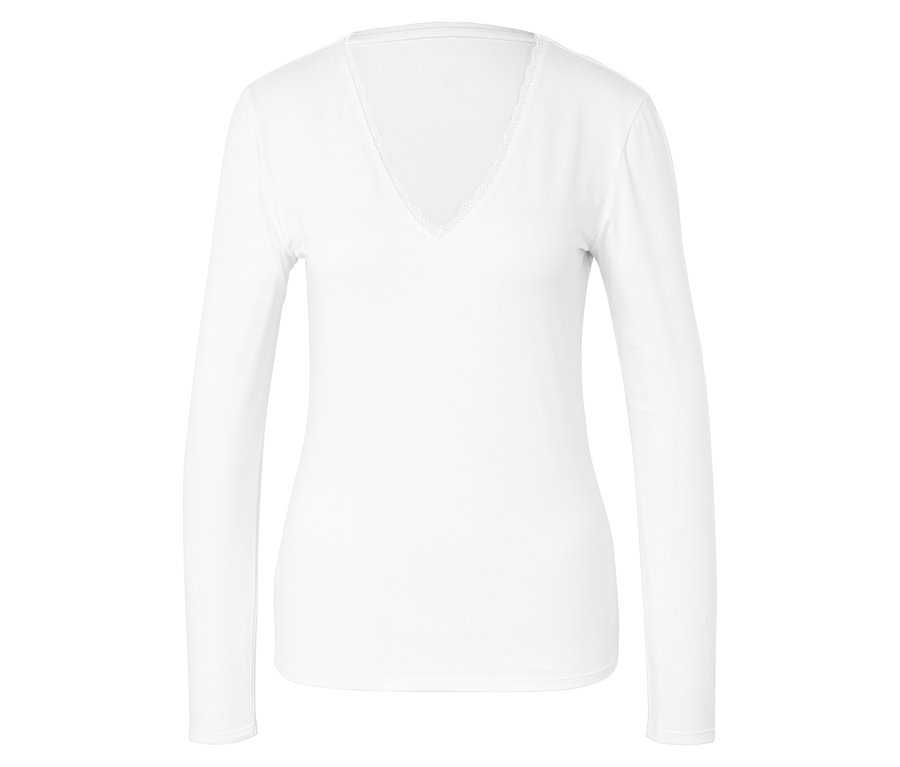 Weißes Langarmshirt mit V-Ausschnitt.