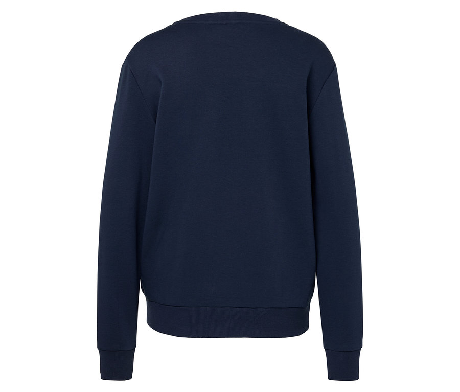 Ein marineblauer Pullover mit langen Ärmeln von hinten.