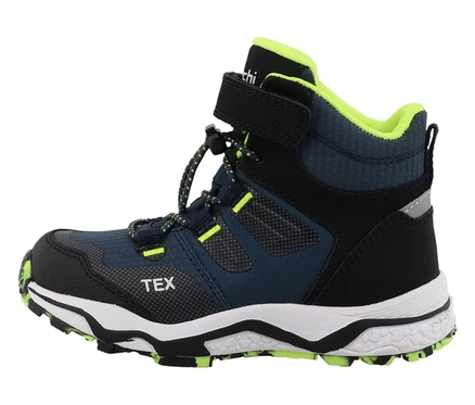 Blauer LURCHI »Leonard-TEX« Outdoor-Kinderschuh mit schwarzen und neongrünen Details.
