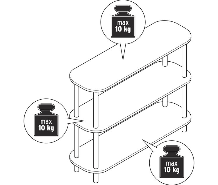 Skizze eines offenen Holzregals mit drei Regalböden und einer Empfehlung für eine maximale Belastung von 10 kg pro Regalboden.