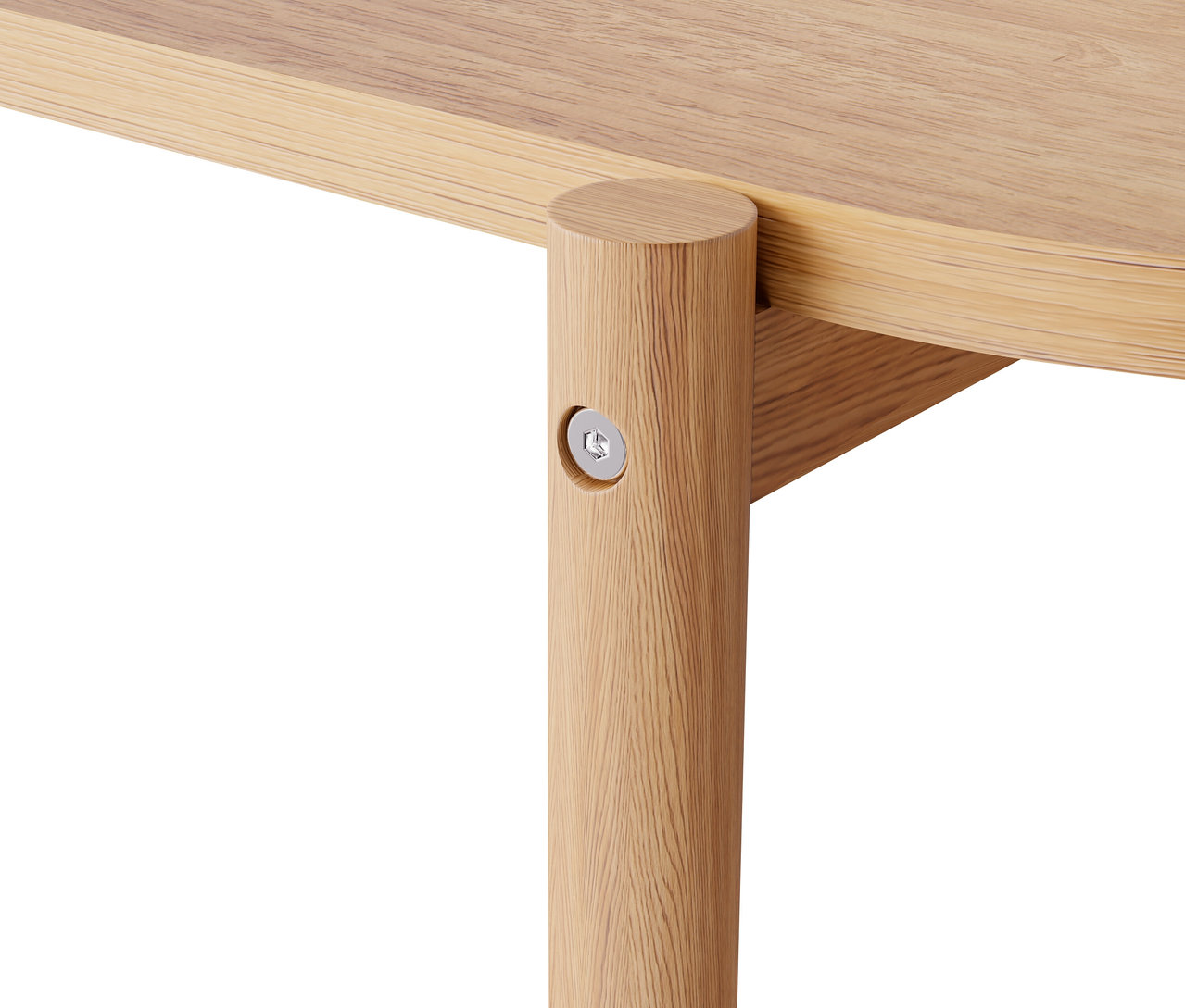 Detail einer Tischkante mit einem Bein aus lackiertem hellem Holz.