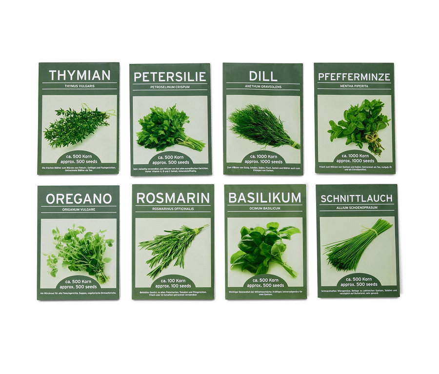 Acht Packungen mit klassischen Kräutern 8 Kräuterklassiker in grünen Verpackungen.
