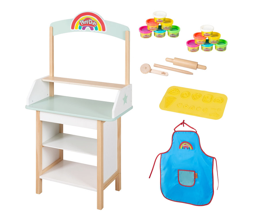roba x Play-Doh Eisstand. Stand mit Modelliermasse, Nudelholz, Förmchen und Schürze.