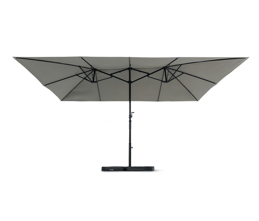 Ein hellgrauer Leco Doppel-Sonnenschirm vor weißem Hintergrund.