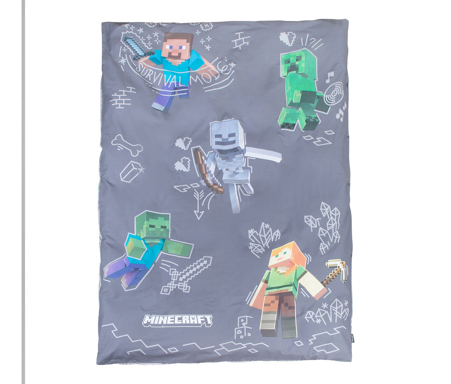 Graue MINECRAFT Wendebettwäsche mit Videospiel-Charakteren.