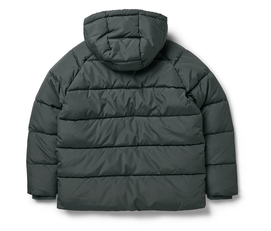 Dunkelgraue Daunenjacke mit Kapuze von hinten.