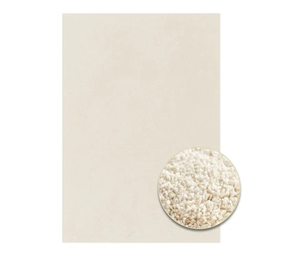 Wollweißer Teppich »Mellow« mit Detailansicht der Textur.