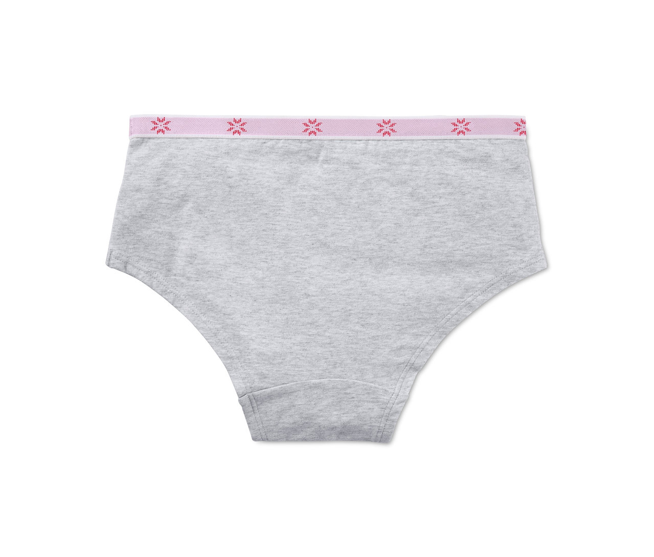 Detailansicht einer grauen Panty mit einem rosa Bund mit roten Schneeflocken aus einem 3er-Pack.