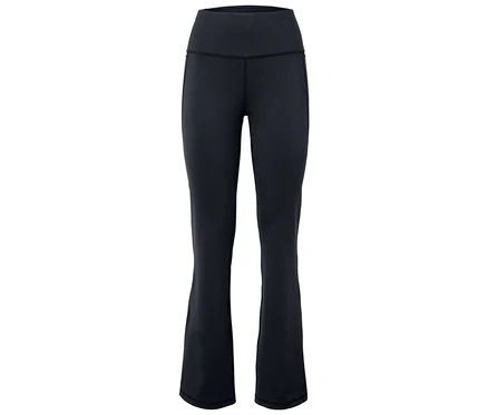Schwarze Yogahose mit hohem Bund auf weißem Hintergrund.