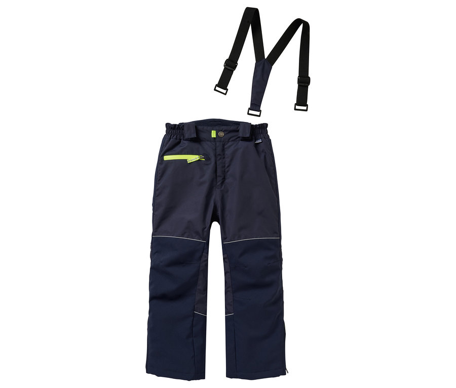 Die dunkelblaue, gefütterte JAKO-O Kinder-Robusthose liegt mit schwarzen Hosenträgern auf einem weißen Hintergrund.