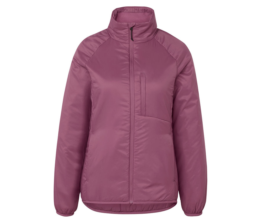 Eine violette Jacke mit Reißverschluss und Brusttasche.
