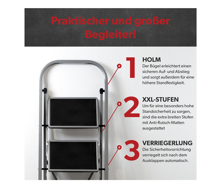 Zusammengeklappte anthrazitfarbene Klapptritt mit 3 Stufen.