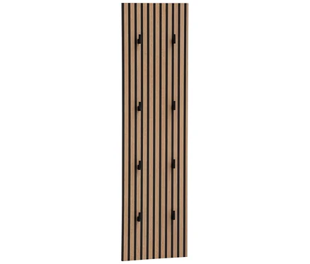 Langes, schmales Paneel mit Holzlamellen und schwarzen Haken.