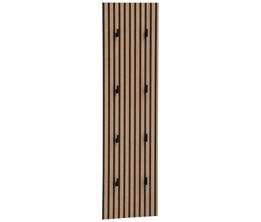 Langes, schmales Paneel mit Holzlamellen und schwarzen Haken.