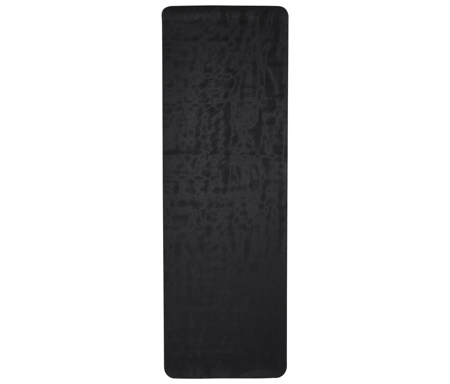 Eine schwarze Yogamatte auf weißem Hintergrund.