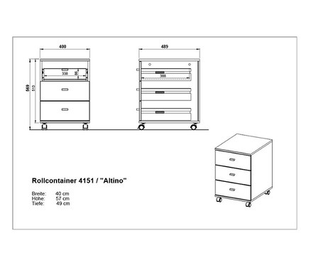 Zeichnungen des Rollcontainers »Lioni« mit Abmessungen.