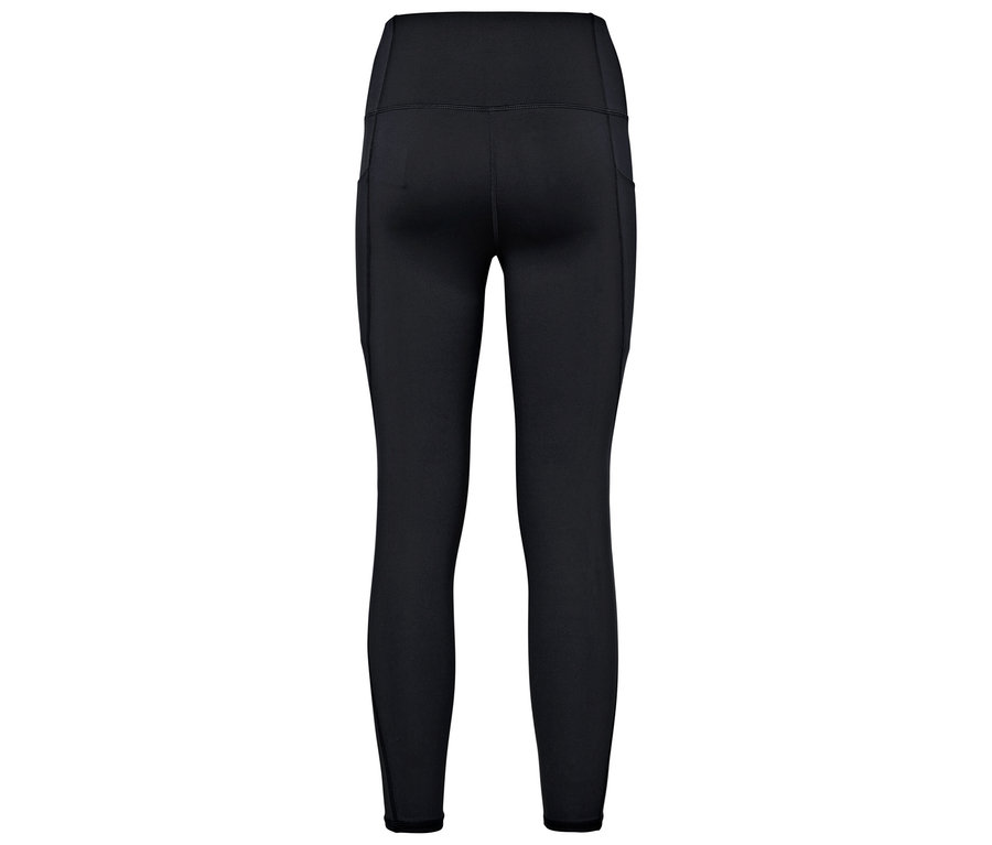 Rückansicht von schwarzen, hochtaillierten Leggings mit Seitentaschen.