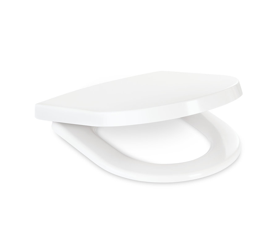 Ein teilweise geöffneter, weißer Premium-WC-Sitz mit Absenkautomatik.