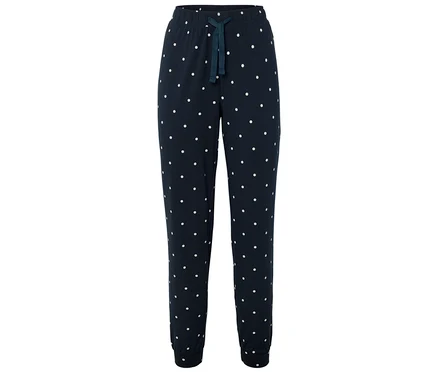 Marineblaue Jogginghose mit weißen Punkten und Kordelzug.