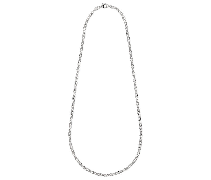 Eine silberne Halskette auf weißem Hintergrund.