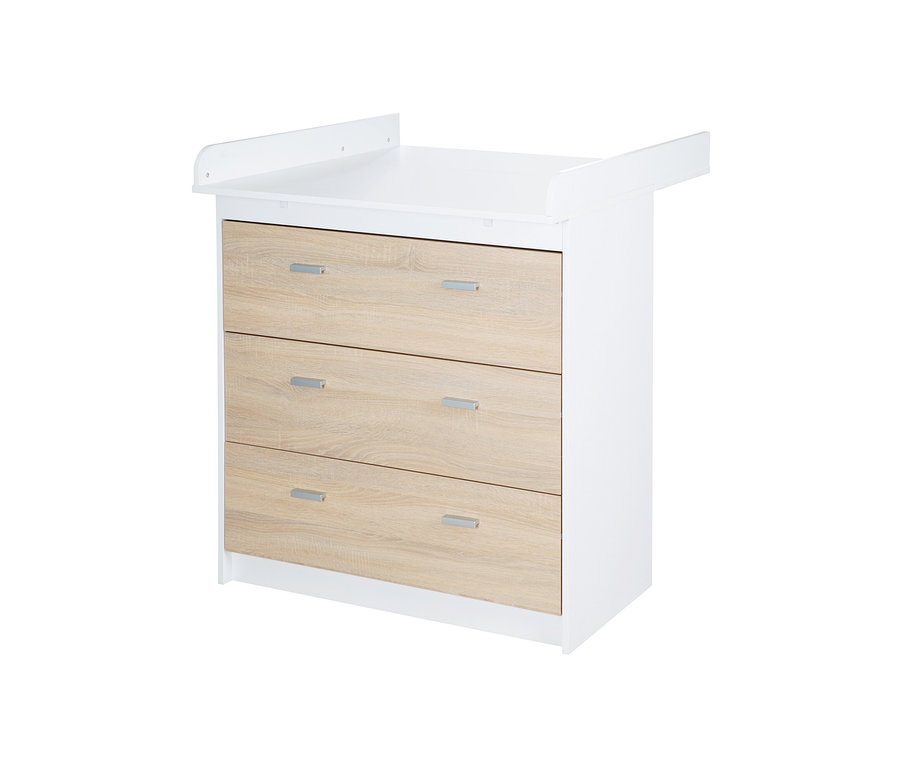 Weiße roba Wickelkommode »Gabriella«, schmal, mit drei Holzschubladen und silbernen Griffen.