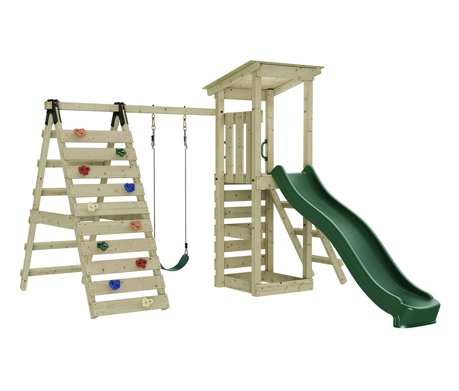 Ein Kinderspielplatz mit Klettergerüst, Schaukel und grüner Rutsche. Im Bild ist der weka Spielturm Sevilla.